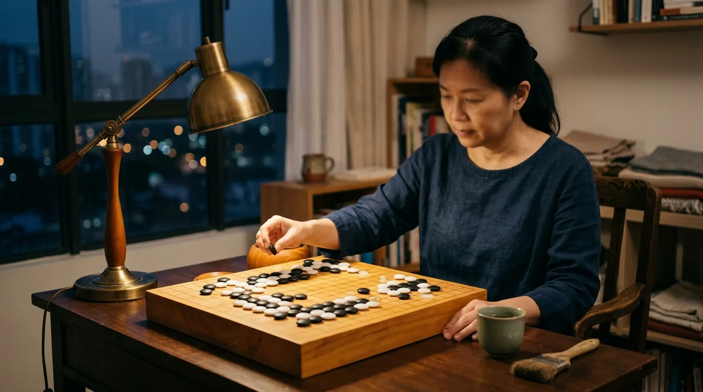 Evening practice at a Go board under warm lamplight