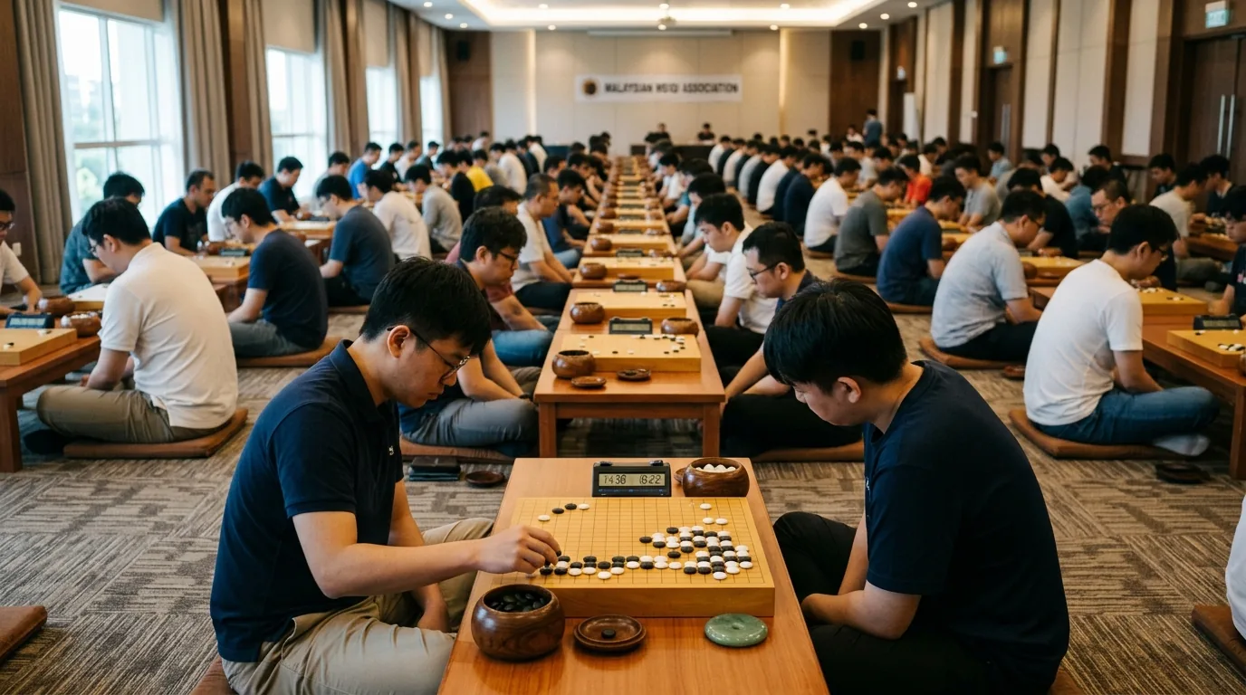 Rows of players competing in a Weiqi tournament hall
